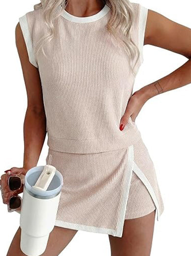 Womens Textured Rib Sleeveless Top and Wrap Skort Outfit Set-S.fashion