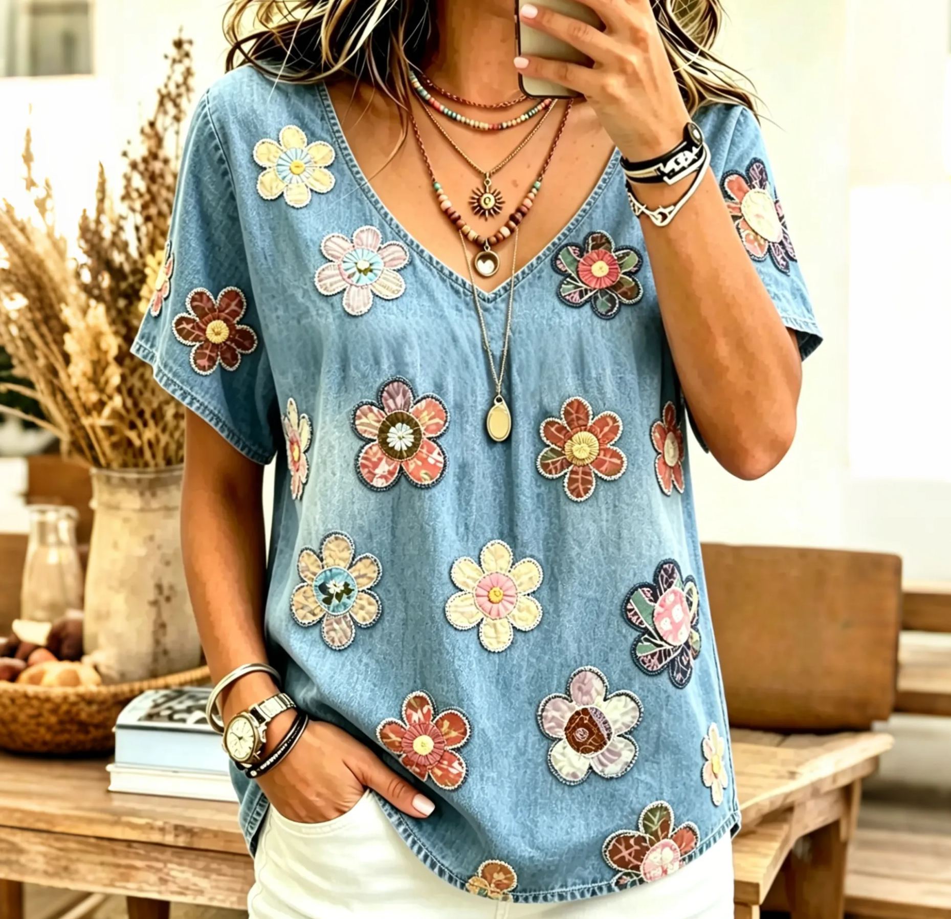 Women's Bohemian Vintage Floral Art Print Flowy Linen Blend Casual Tops