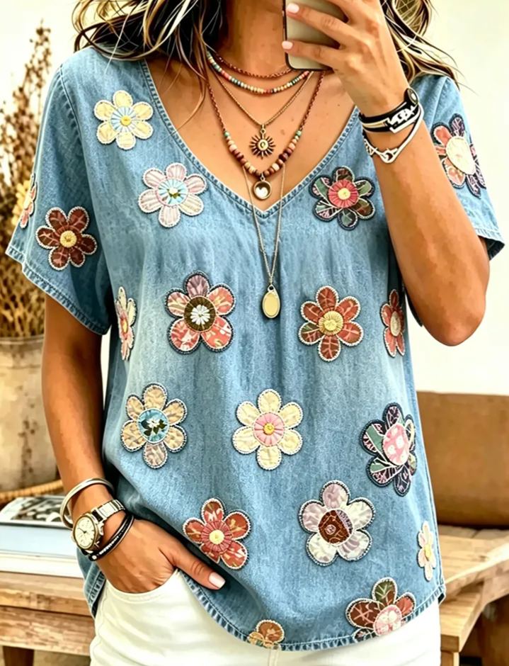Women's Bohemian Vintage Floral Art Print Flowy Linen Blend Casual Tops