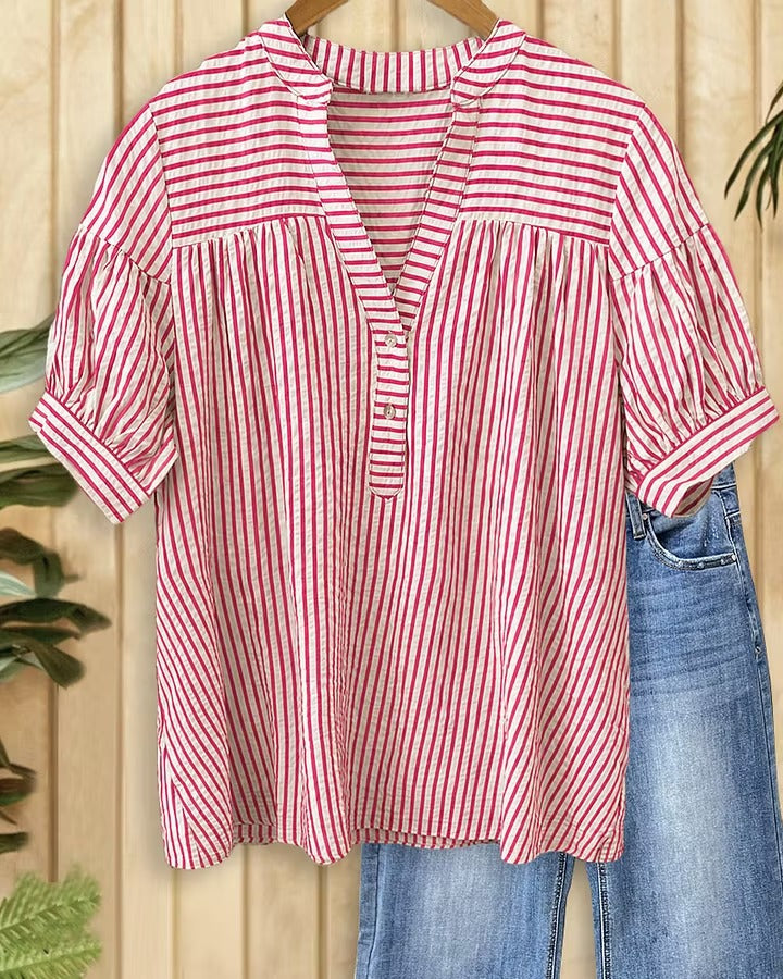 Women's Striped Half Button Yoke Gathered Puff Short Sleeve Blouse-S.fashion