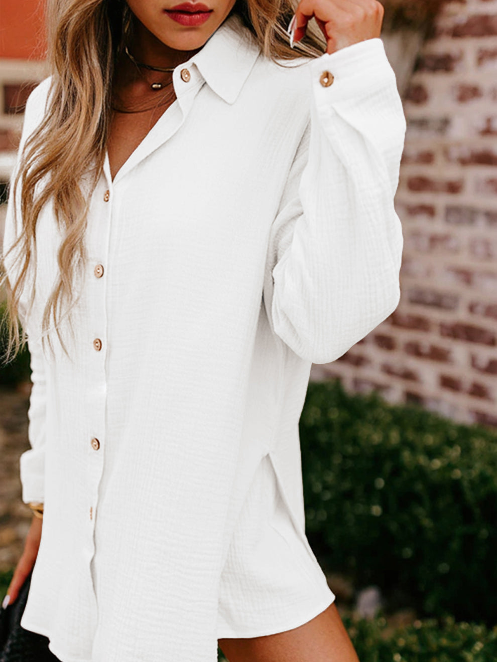 Women's Gauze Button Long-Sleeved and Shorts Set-S.fashion