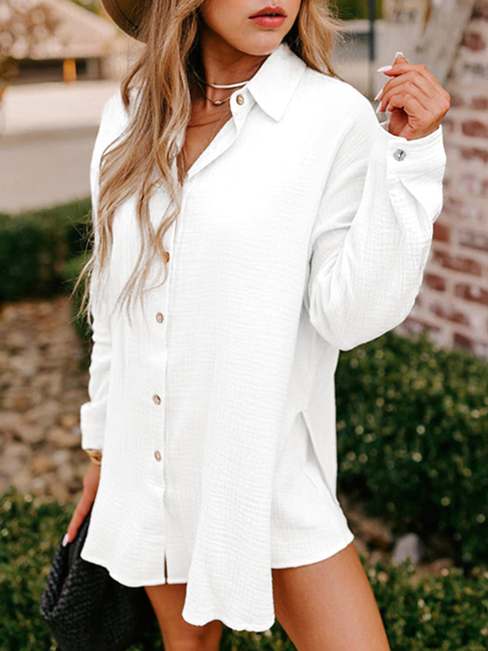 Women's Gauze Button Long-Sleeved and Shorts Set-S.fashion