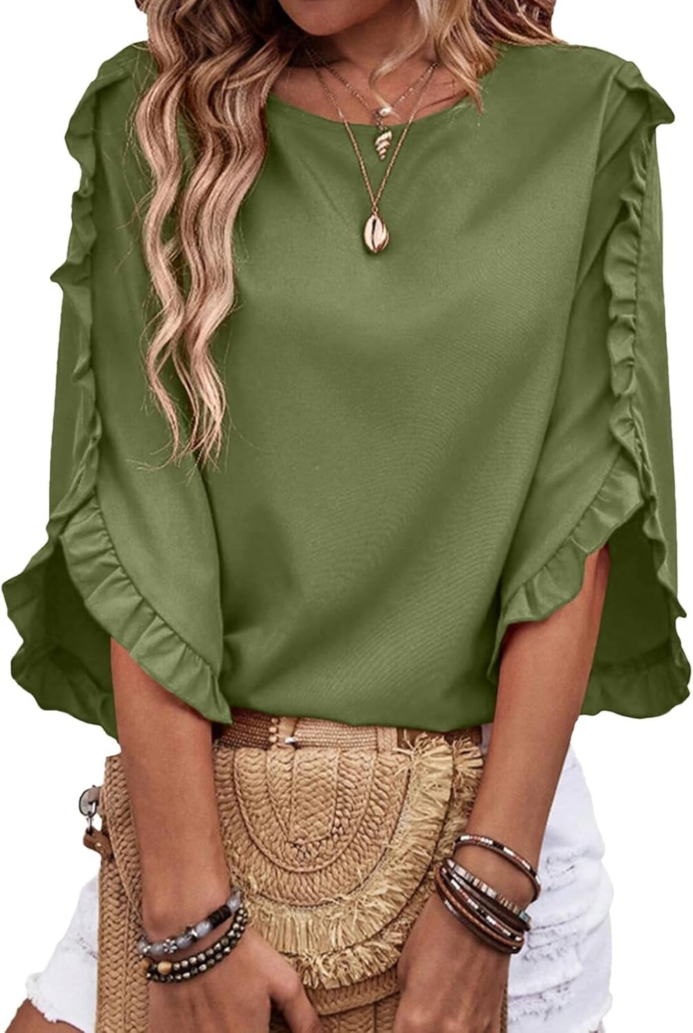 Women's 3/4 Length Sleeve Blouses Crewneck Ruffle Sleeve Shirts-S.fashion