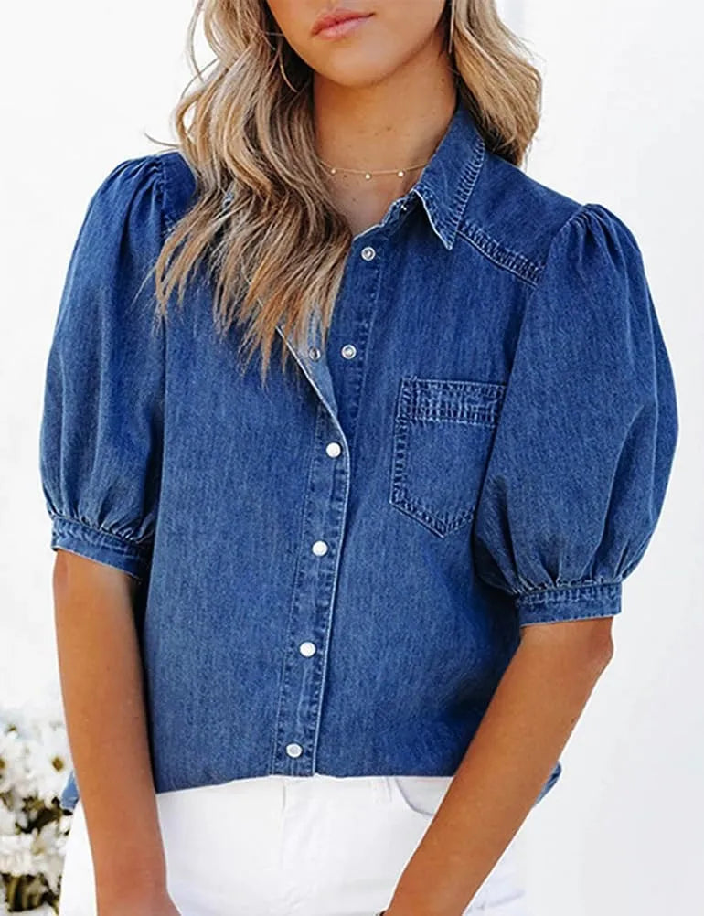 Women's Casual Puff Sleeve Denim Button-Down Shirt Top-S.fashion