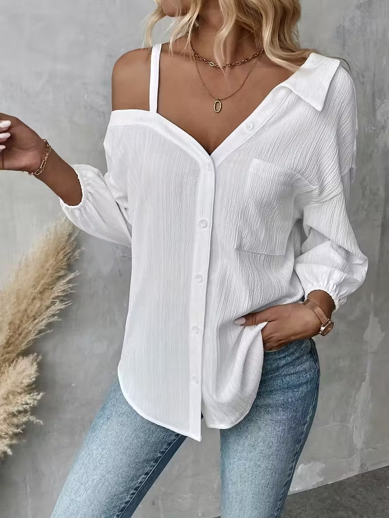 Women's Asymmetric Collar Drop Shoulder Loose Casual Shirt-S.fashion