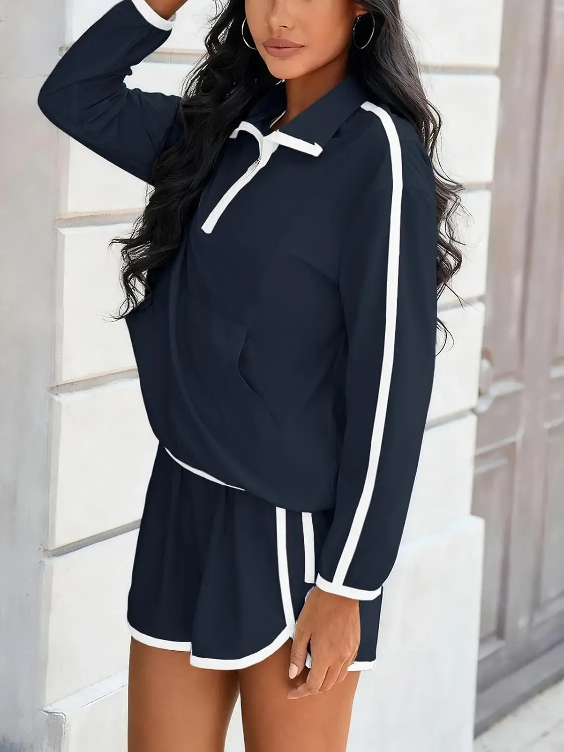 Women's Half-Zip Long Sleeve Top & Shorts Casual Two-Piece Set-S.fashion