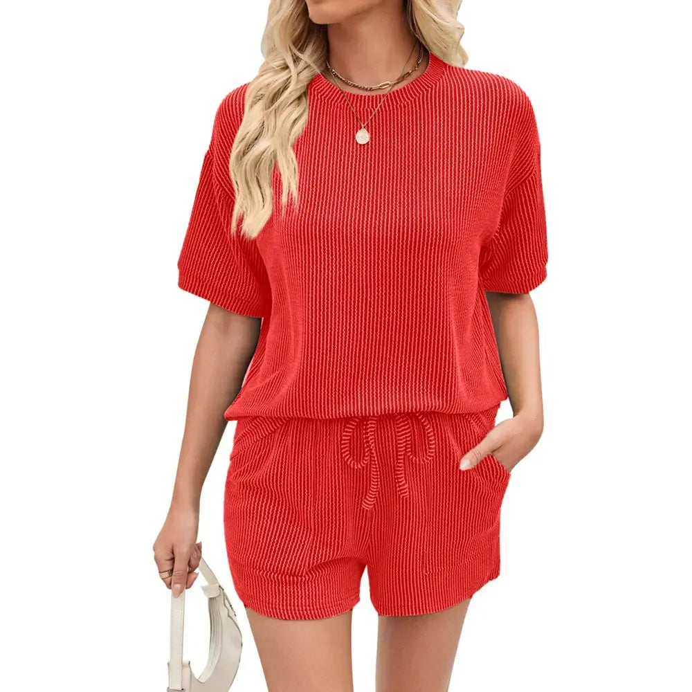 Women's Ribbed Crew Neck Short-Sleeve Top and Shorts Two-Piece Set-S.fashion