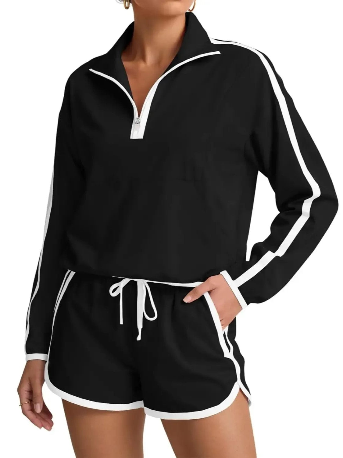 Women's Half-Zip Long Sleeve Top & Shorts Casual Two-Piece Set-S.fashion