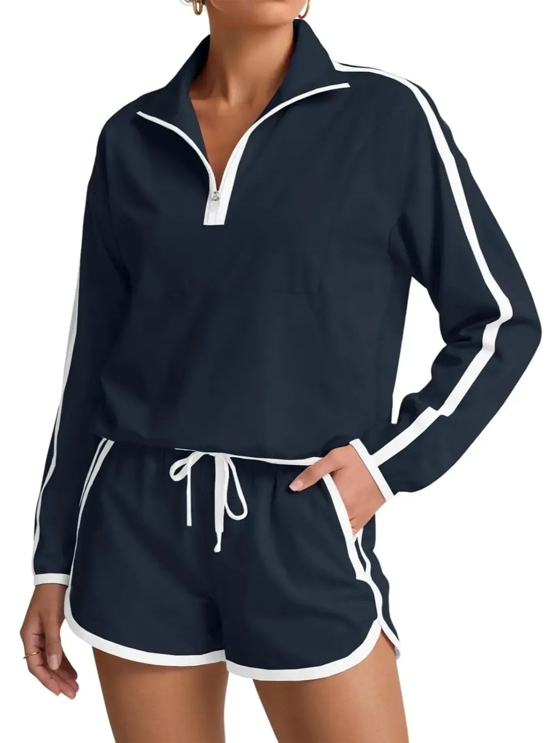 Women's Half-Zip Long Sleeve Top & Shorts Casual Two-Piece Set-S.fashion