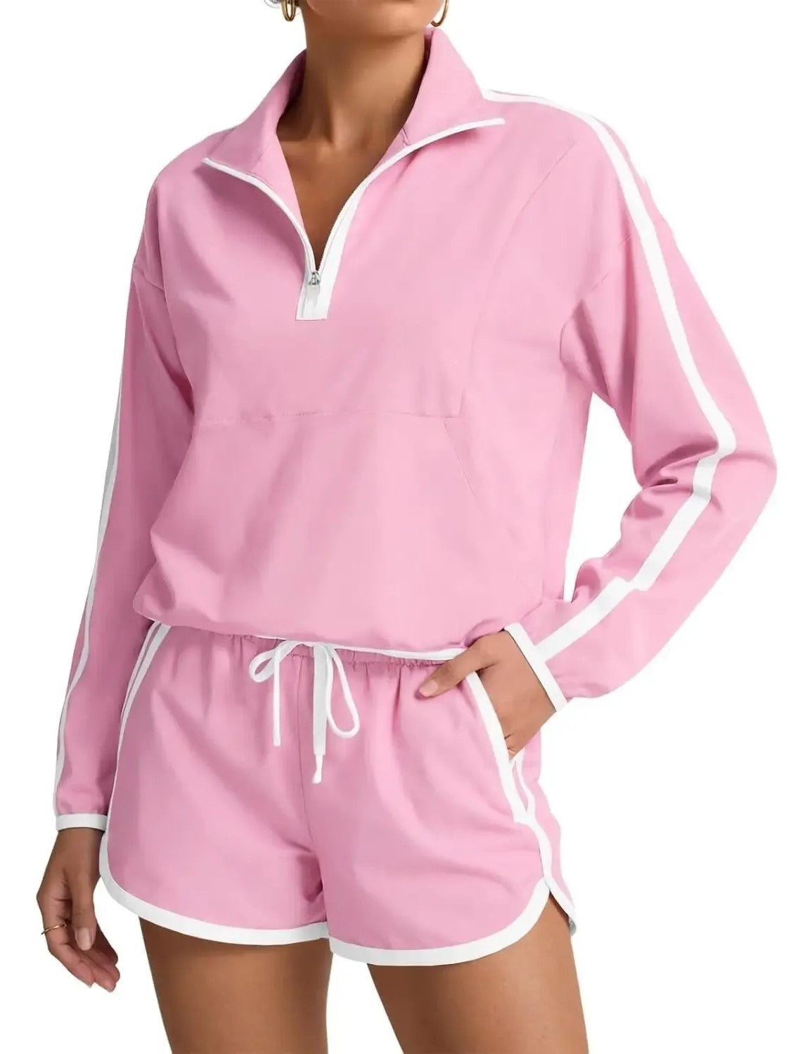 Women's Half-Zip Long Sleeve Top & Shorts Casual Two-Piece Set-S.fashion