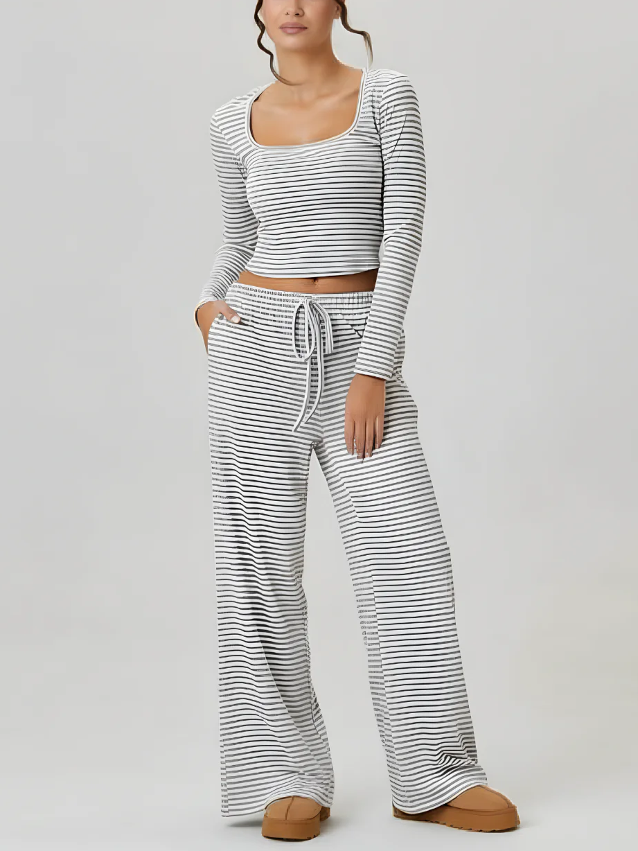 Women's Square Neck Striped Two Piece Set-S.fashion
