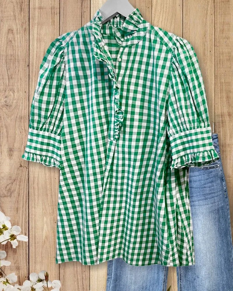 Women's Plaid Top Ruffles Trim Puff Sleeve Blouse-S.fashion