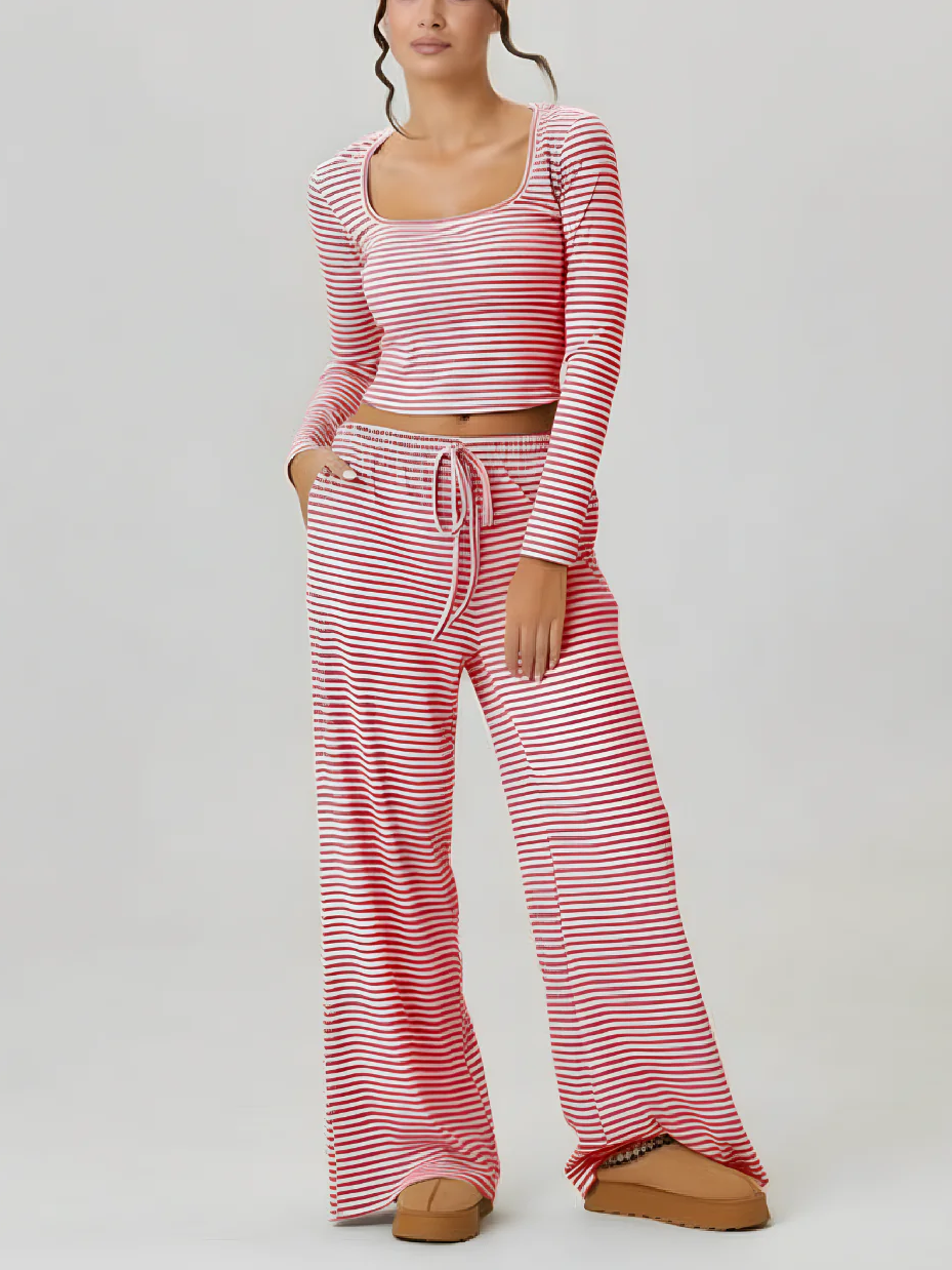 Women's Square Neck Striped Two Piece Set-S.fashion