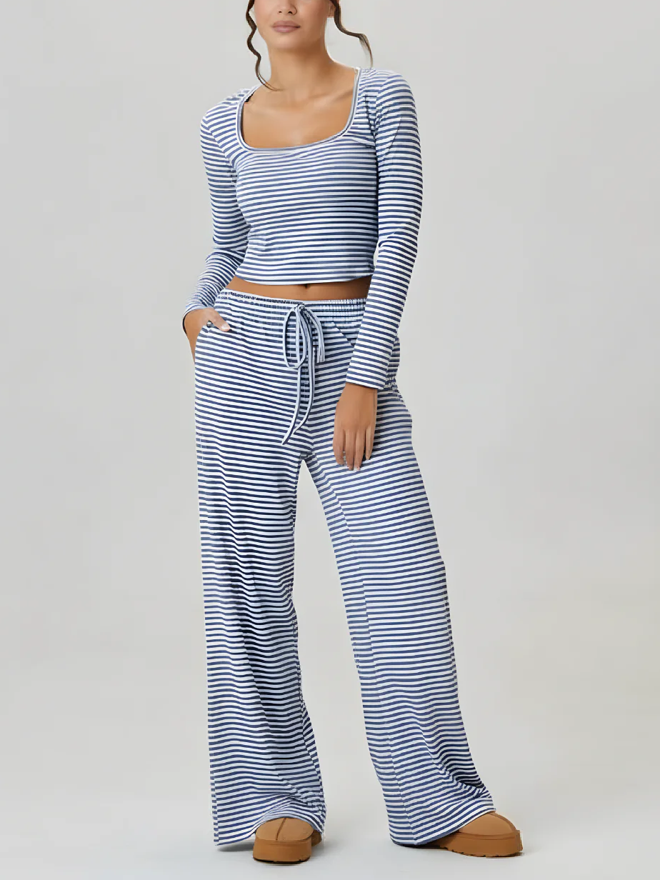 Women's Square Neck Striped Two Piece Set-S.fashion