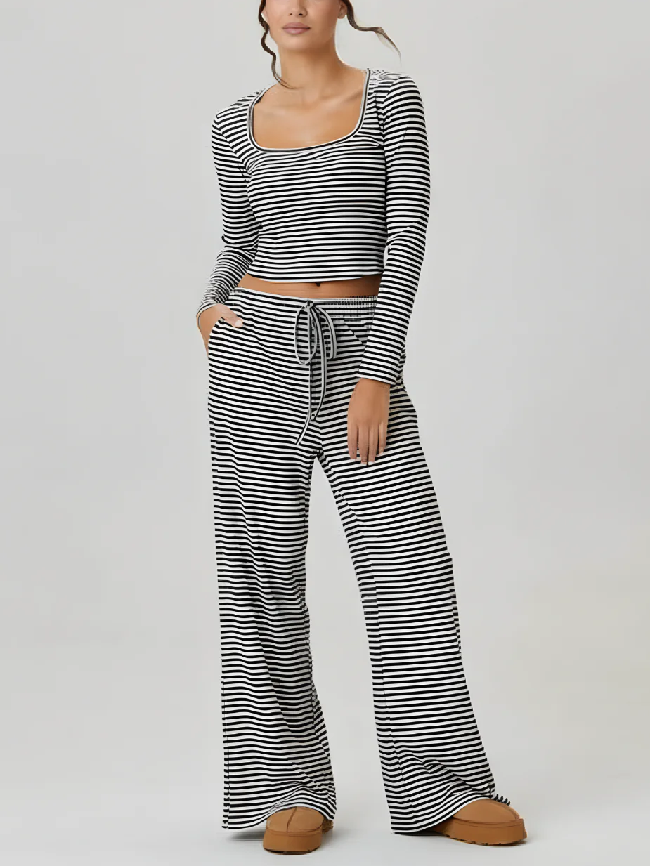Women's Square Neck Striped Two Piece Set-S.fashion