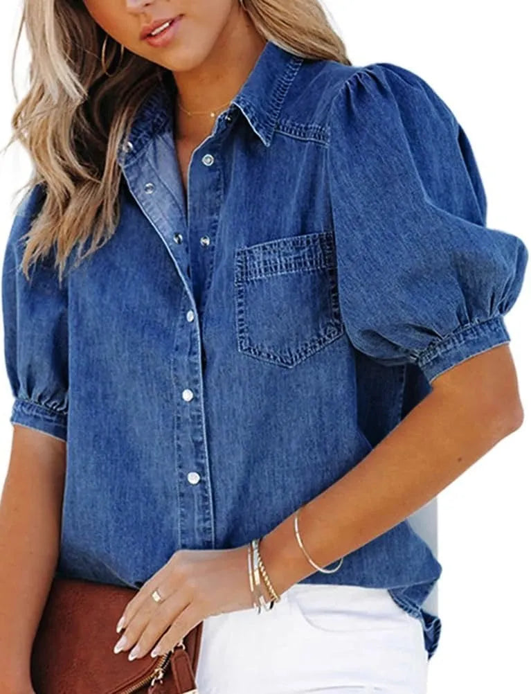 Women's Casual Puff Sleeve Denim Button-Down Shirt Top-S.fashion