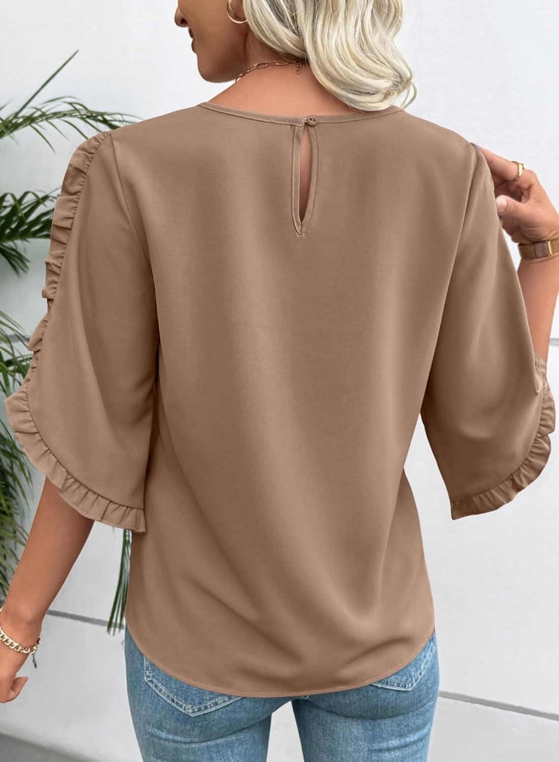 Women's 3/4 Length Sleeve Blouses Crewneck Ruffle Sleeve Shirts-S.fashion
