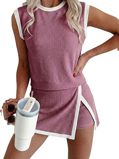 Womens Textured Rib Sleeveless Top and Wrap Skort Outfit Set-S.fashion