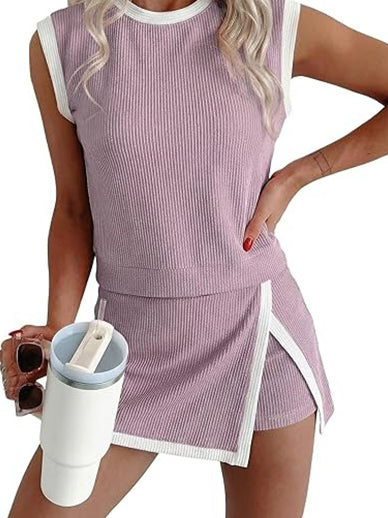 Womens Textured Rib Sleeveless Top and Wrap Skort Outfit Set-S.fashion