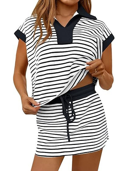 Women's Striped V-neck 2 Piece Skirt Set-S.fashion
