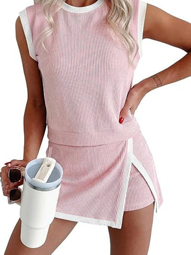 Womens Textured Rib Sleeveless Top and Wrap Skort Outfit Set-S.fashion
