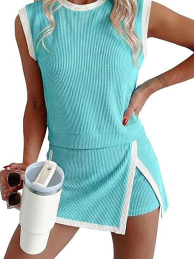 Womens Textured Rib Sleeveless Top and Wrap Skort Outfit Set-S.fashion