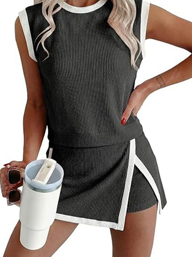 Womens Textured Rib Sleeveless Top and Wrap Skort Outfit Set-S.fashion