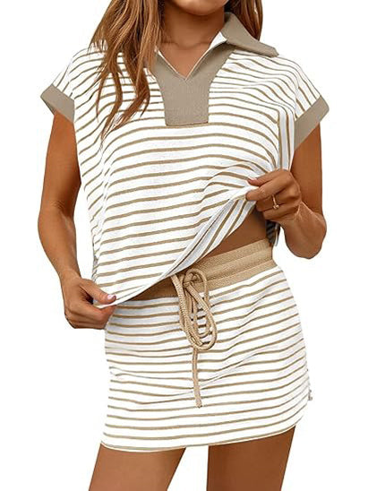 Women's Striped V-neck 2 Piece Skirt Set-S.fashion