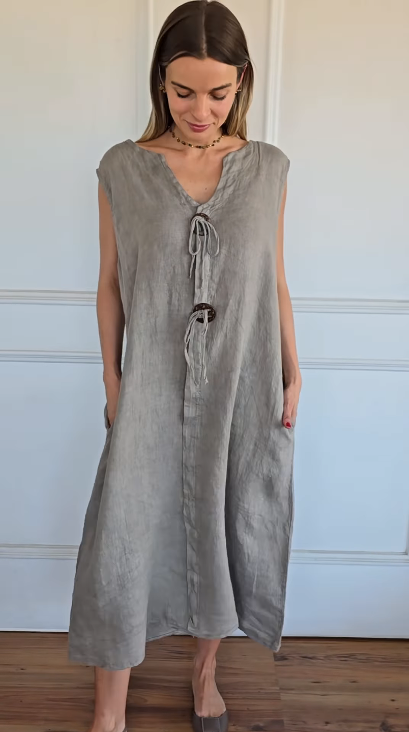 2026 🌿 Relaxed Resort Style | 100% Linen Sleeveless Tie Dress