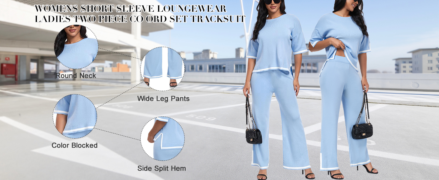 Light blue two-piece women's outfit featuring wide-leg pants and a short-sleeved top, modeled by two figures carrying black handbags.