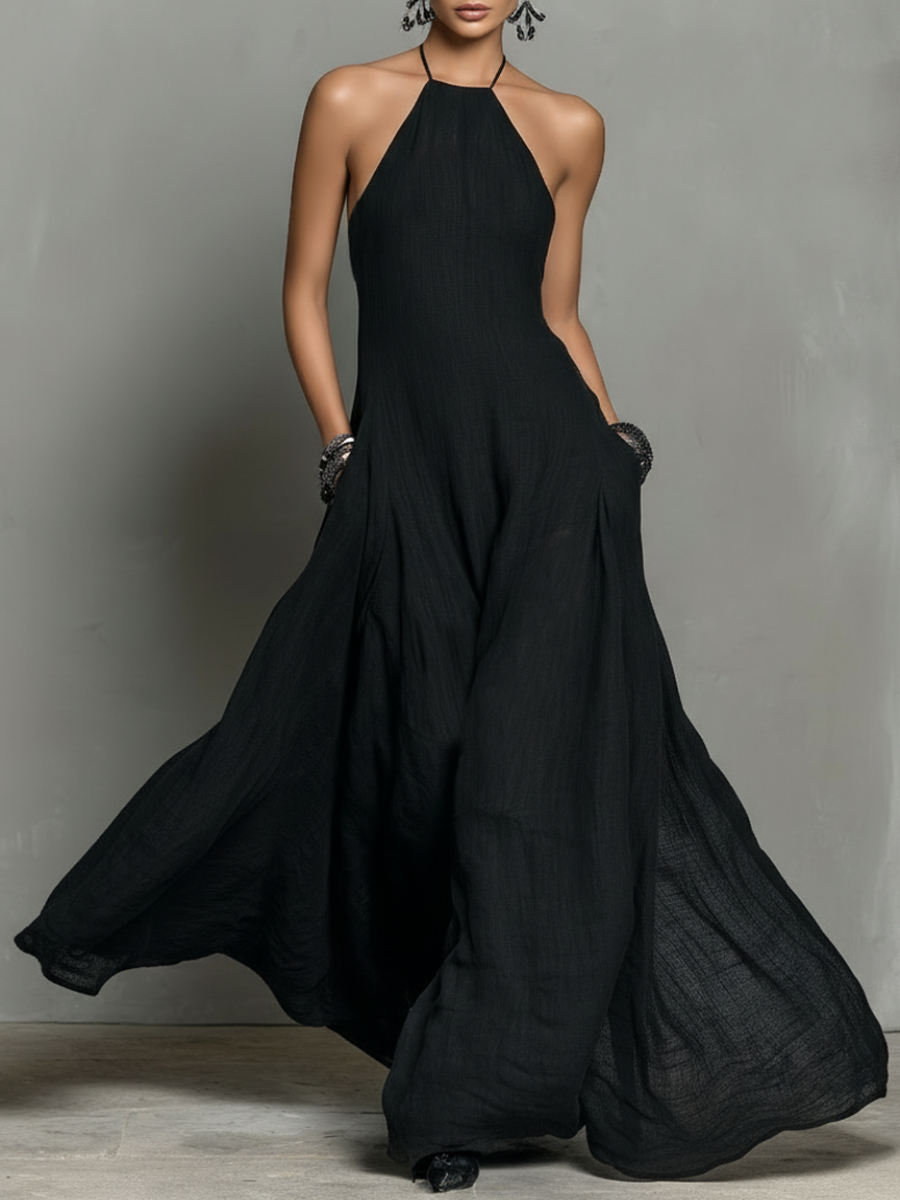 Women's Minimalist Linen Blend Halter Neck Sleeveless Maxi Dress