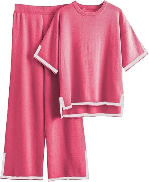 Famulily Women Tracksuits Crew Neck Color Blocked Knit Pullover Tops with High Waisted Wide Leg Pants Side Split Hem S-XL