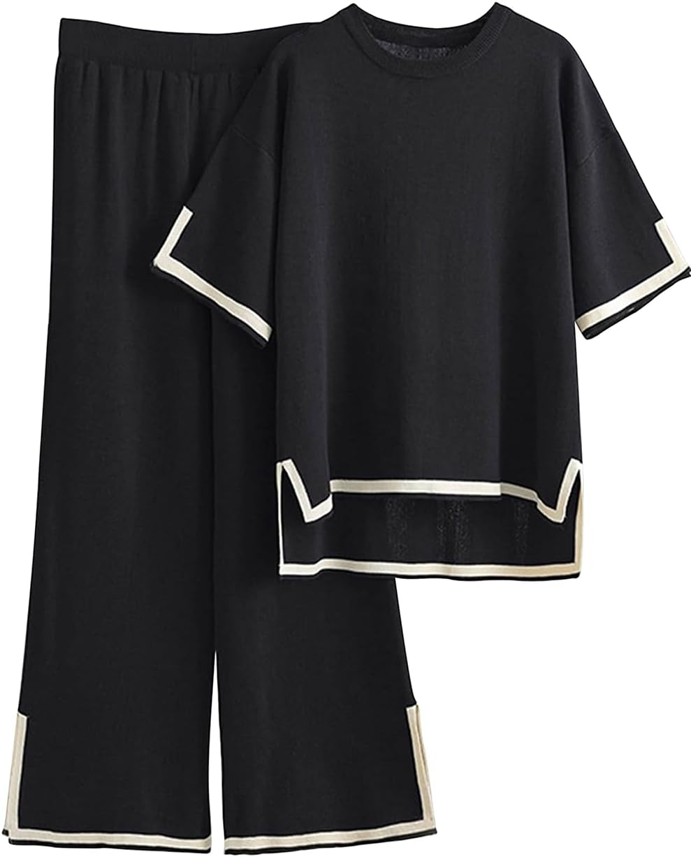Famulily Women Tracksuits Crew Neck Color Blocked Knit Pullover Tops with High Waisted Wide Leg Pants Side Split Hem S-XL