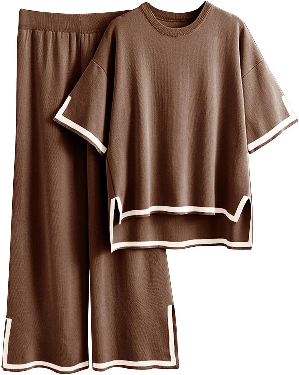 Famulily Women Tracksuits Crew Neck Color Blocked Knit Pullover Tops with High Waisted Wide Leg Pants Side Split Hem S-XL