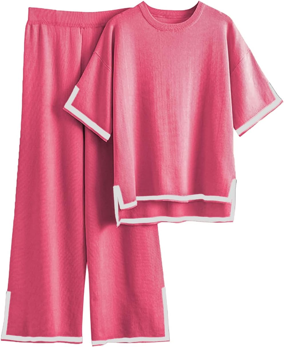 Famulily Women Tracksuits Crew Neck Color Blocked Knit Pullover Tops with High Waisted Wide Leg Pants Side Split Hem S-XL