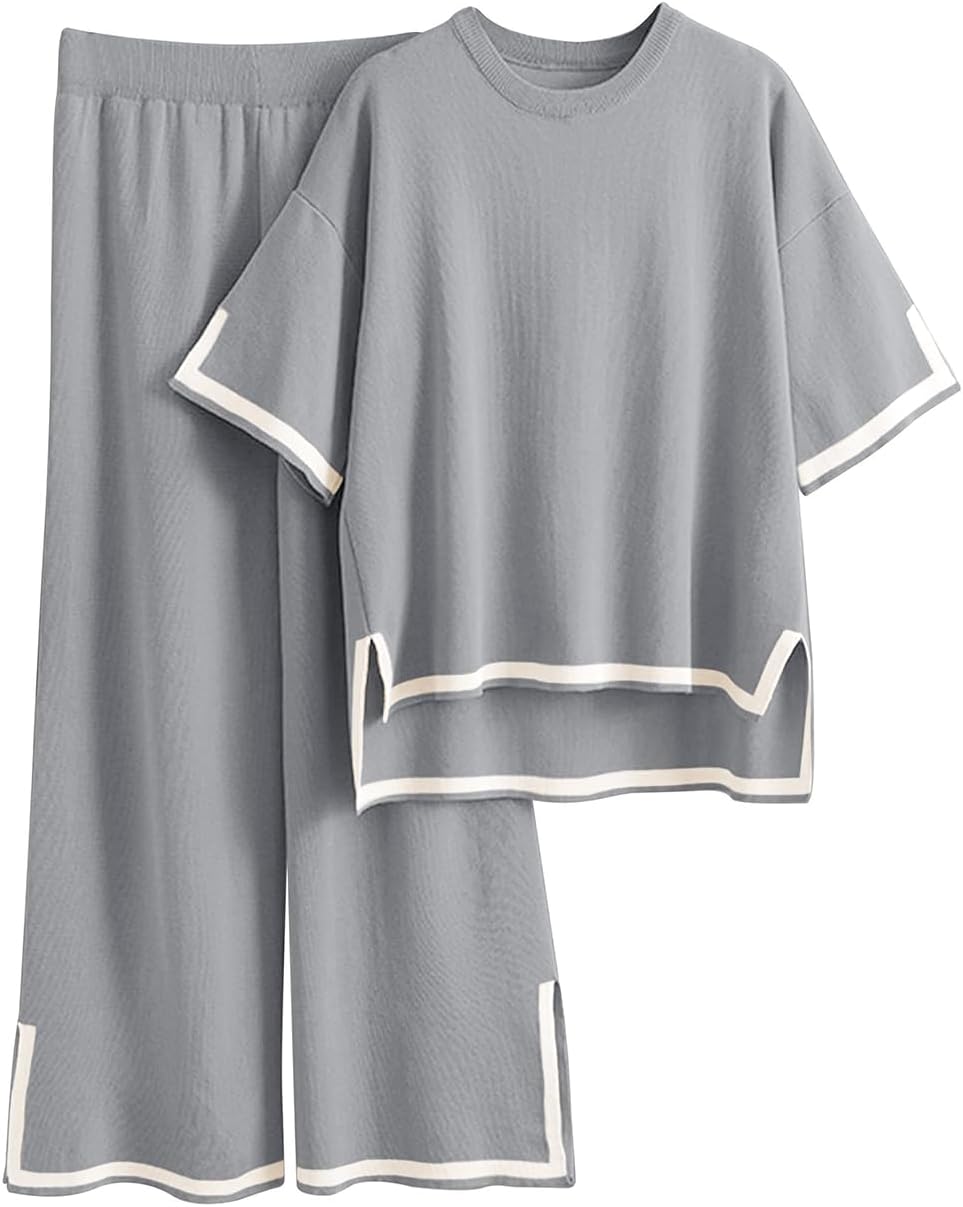 Famulily Women Tracksuits Crew Neck Color Blocked Knit Pullover Tops with High Waisted Wide Leg Pants Side Split Hem S-XL
