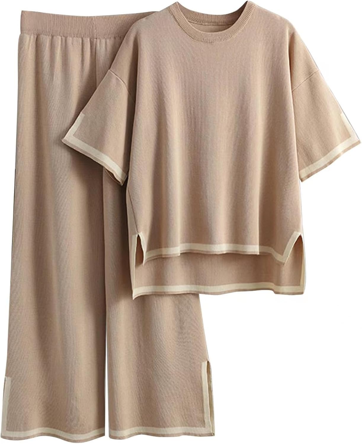 Famulily Women Tracksuits Crew Neck Color Blocked Knit Pullover Tops with High Waisted Wide Leg Pants Side Split Hem S-XL