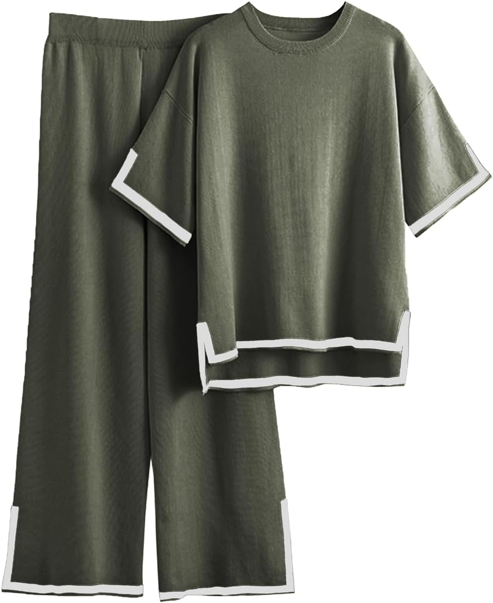 Famulily Women Tracksuits Crew Neck Color Blocked Knit Pullover Tops with High Waisted Wide Leg Pants Side Split Hem S-XL