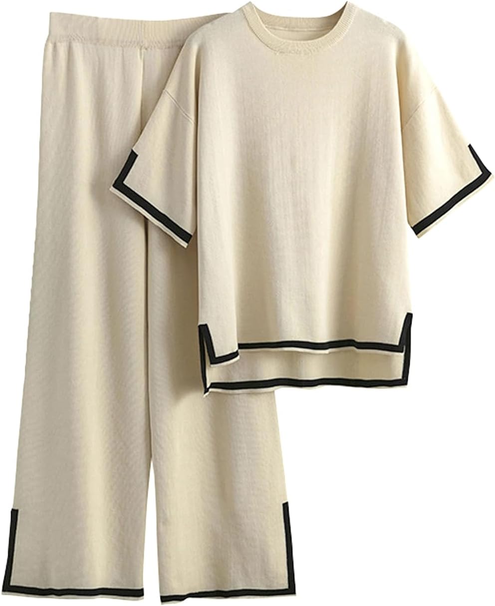 Famulily Women Tracksuits Crew Neck Color Blocked Knit Pullover Tops with High Waisted Wide Leg Pants Side Split Hem S-XL