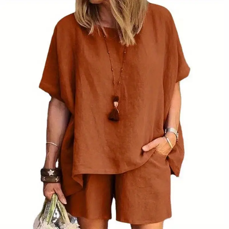 plus size casual outfits set womens plus solid drop shoulder short sleeve round neck tee shorts outfits two piece set details 2
