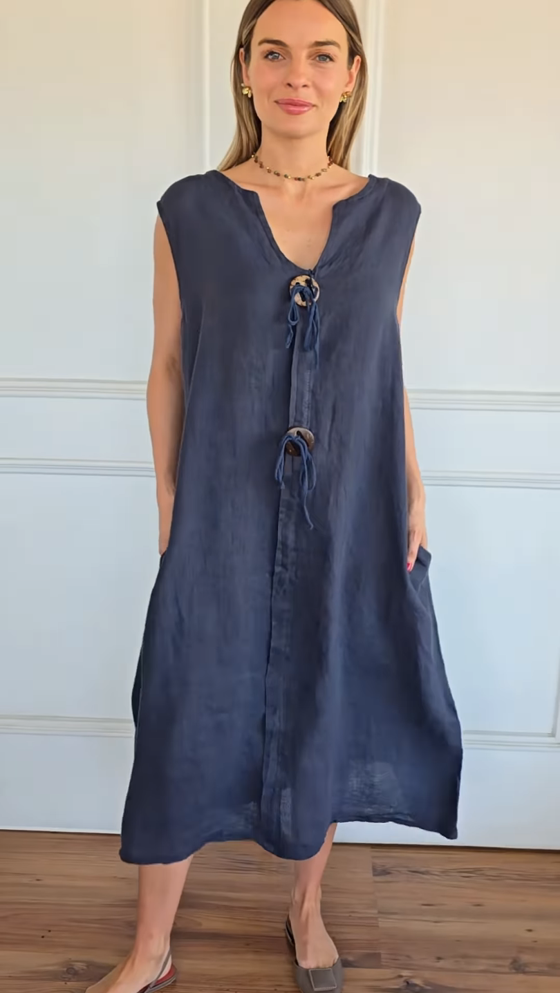 2026 🌿 Relaxed Resort Style | 100% Linen Sleeveless Tie Dress