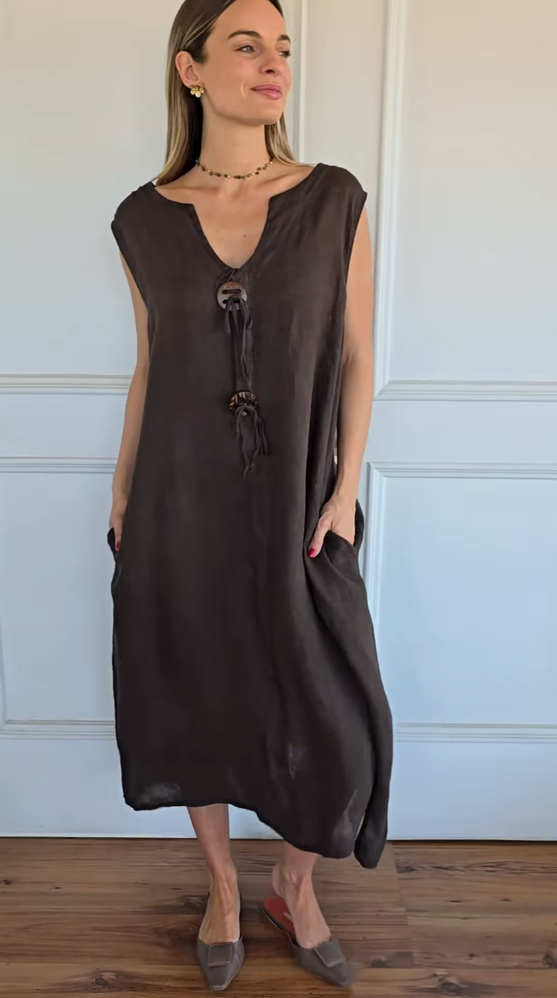 2026 🌿 Relaxed Resort Style | 100% Linen Sleeveless Tie Dress