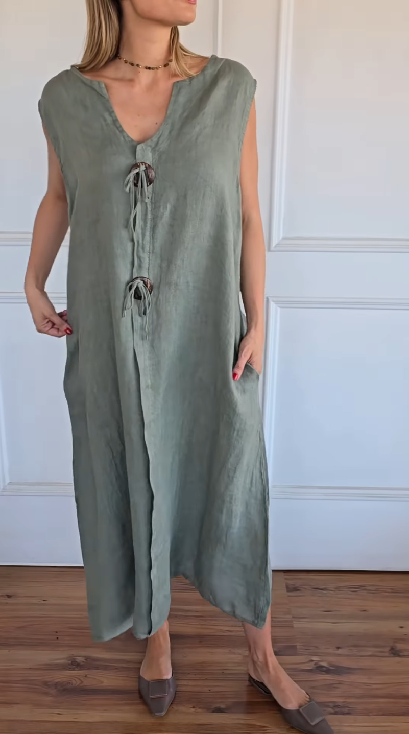 2026 🌿 Relaxed Resort Style | 100% Linen Sleeveless Tie Dress