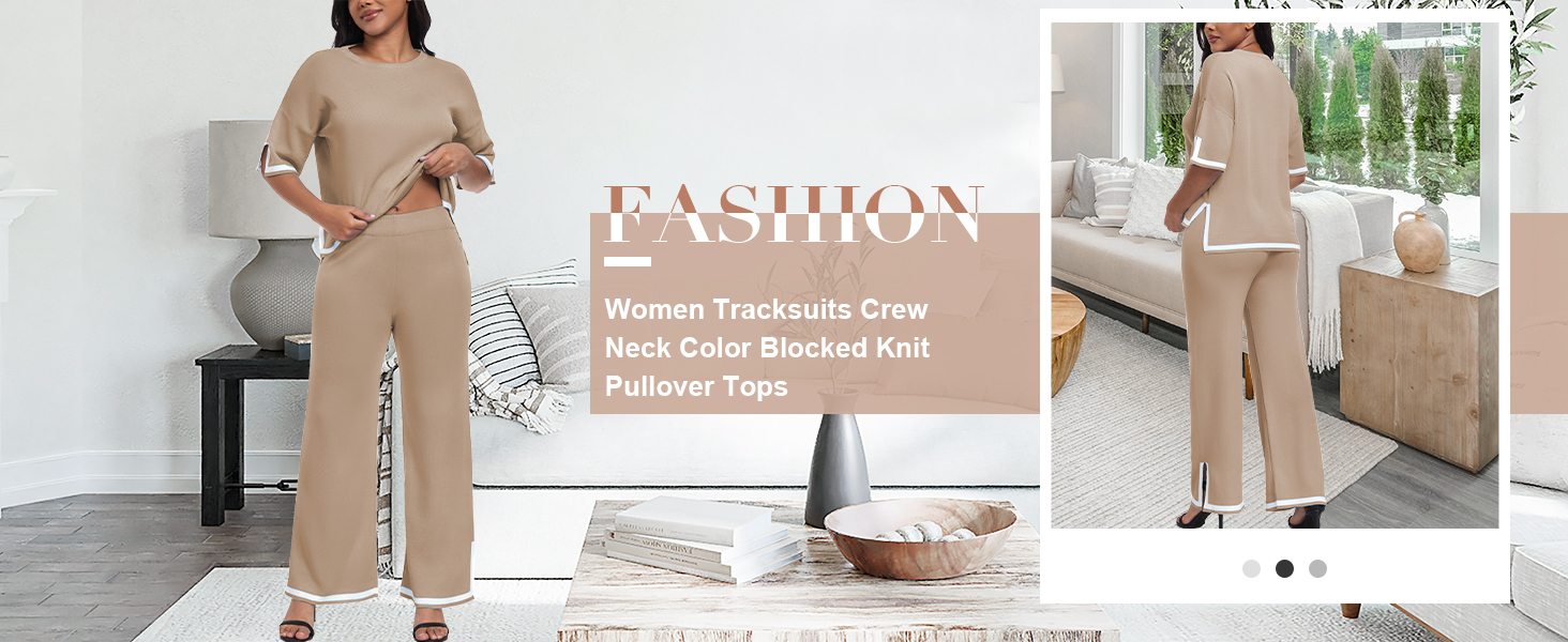 Women's beige knit loungewear set featuring a crew neck top and wide-leg pants. Three images show front, side, and styled views of the outfit.