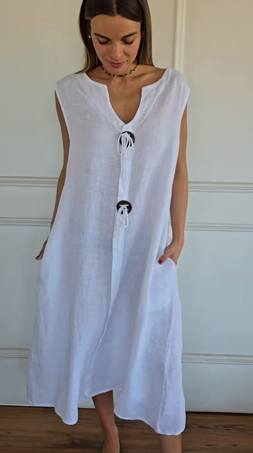 2026 🌿 Relaxed Resort Style | 100% Linen Sleeveless Tie Dress