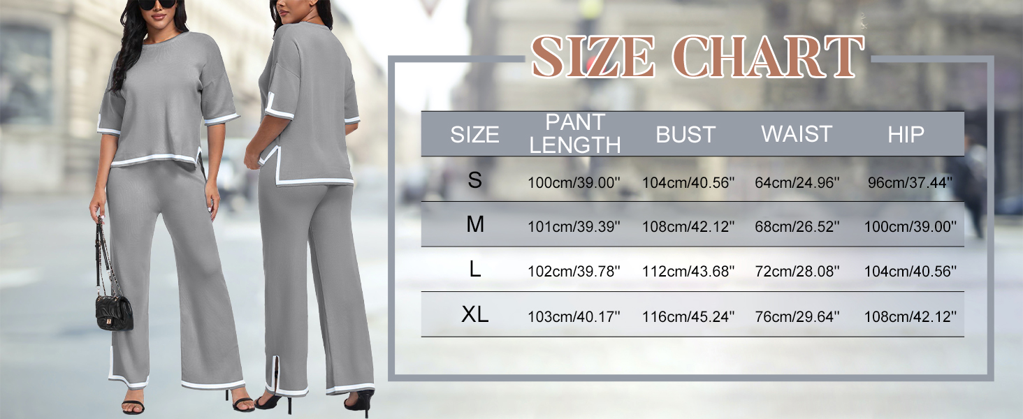 Size chart for women's clothing. Table shows measurements for pant length, bust, waist, and hip in inches for sizes S, M, L, and XL.