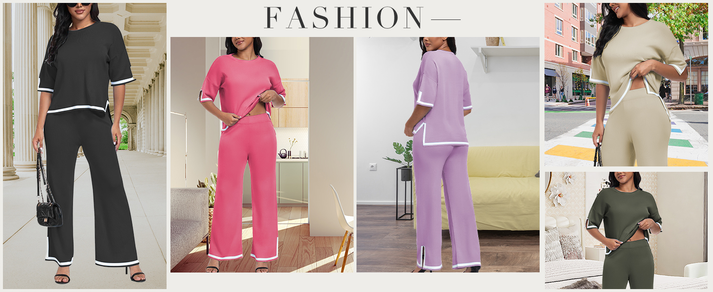 Collage of women's loungewear sets featuring wide-leg pants and matching tops in various colors including black, pink, purple, beige, and green.