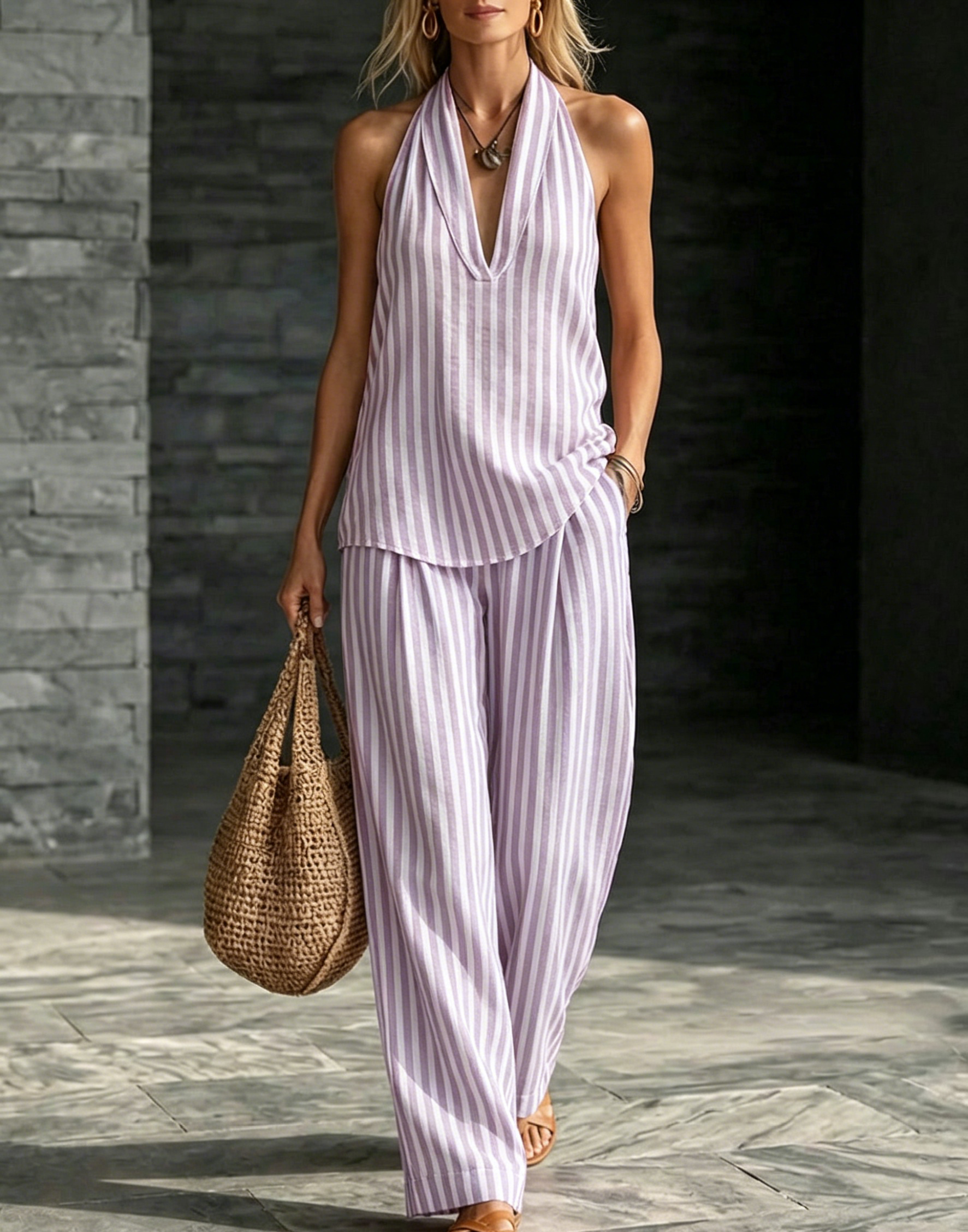 New Arrivals🔥Cozy Striped Cotton-linen Two-piece Set