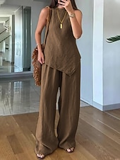 Women's Cotton Linen  Sleeveless Round Neck Sets