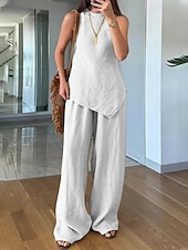 Women's Cotton Linen  Sleeveless Round Neck Sets